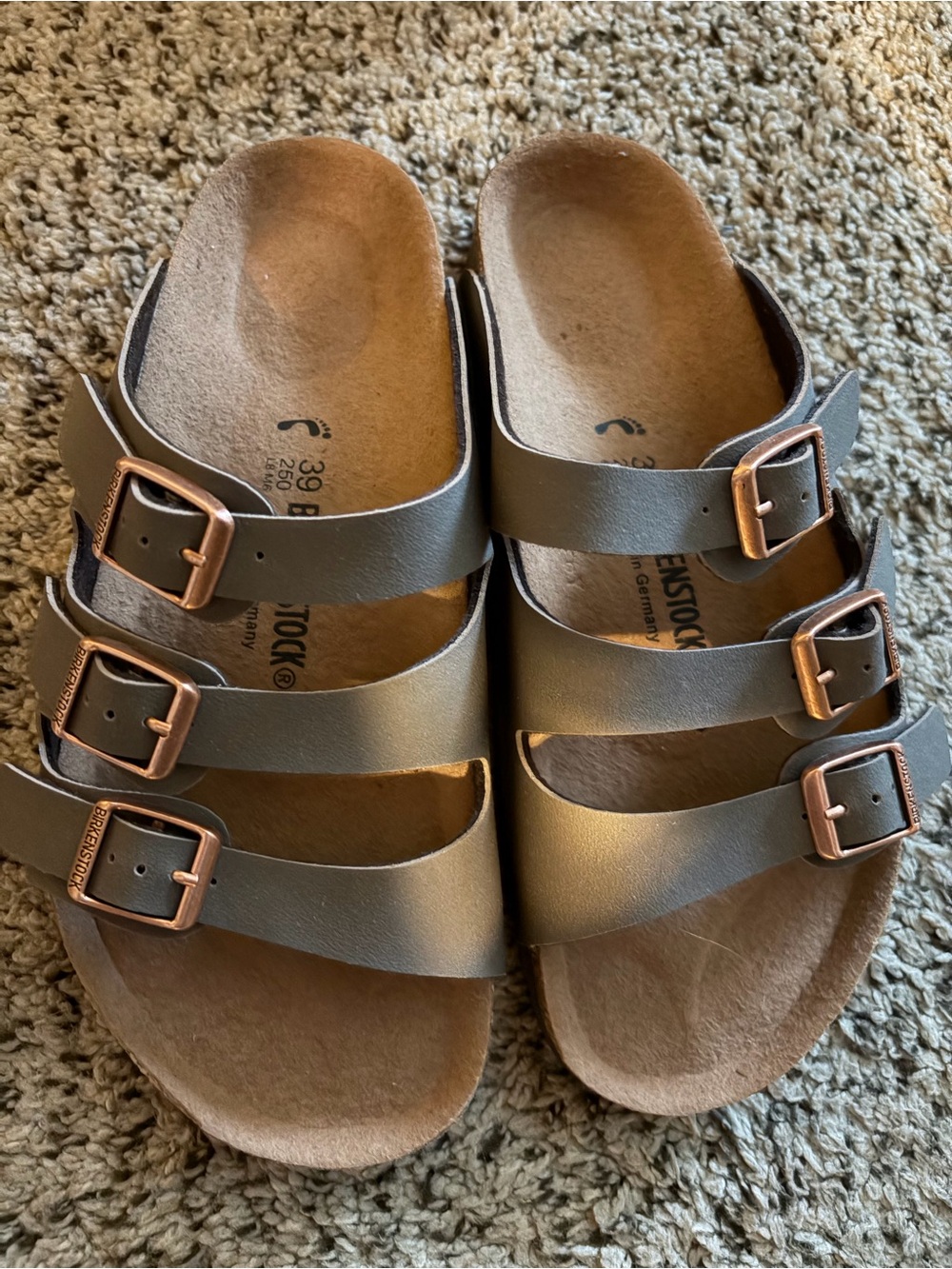 Birkenstock Three-Strap Sandals in Gray with Rose Gold Buckles